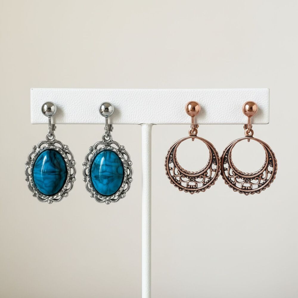 2 1970s Vintage Clip On Earrings Silver Turquoise + Rose Gold Filigree Circles